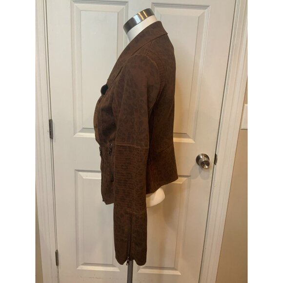 Marrakech Dark Brown Leopard Print Asymmetrical Zip-Up Moto Jacket, Size S - Picture 4 of 9